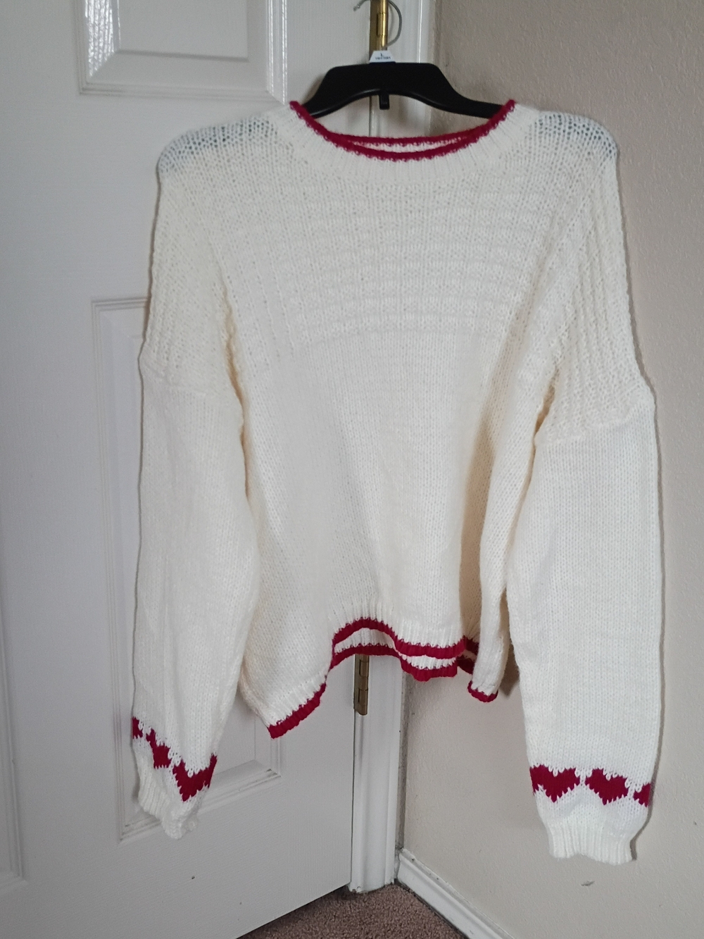 Women's Cream Knit Sweater with Red Trim Hearts